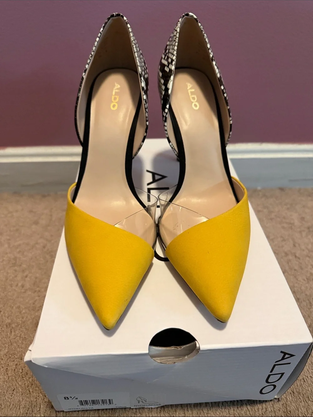 ALDO Yellow Pointed D'Orsay Pumps with Snakeskin-Print Heel - Picture 1 of 6